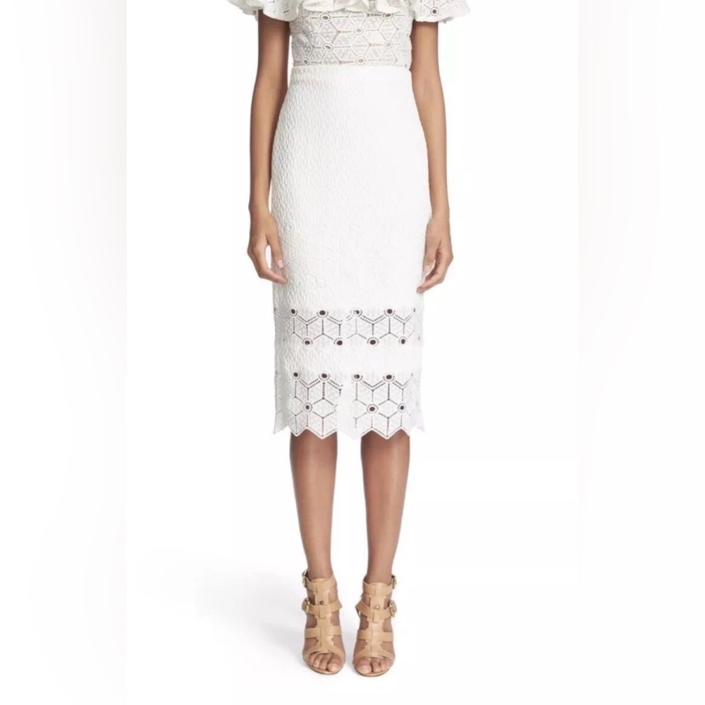Rebecca Taylor Dia Lace Skirt Snow White Eyelet Midi Pencil Skirt Sz 6